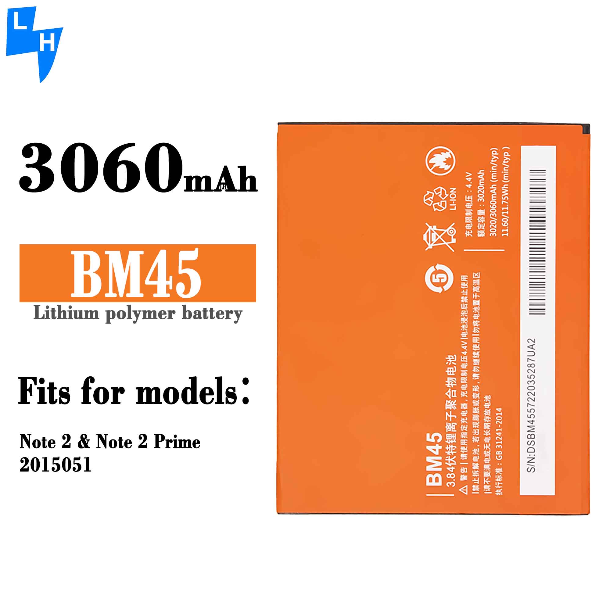 3060mAh Capacity Replacement Battery BM45 for Xiaomi Redmi Note 2 Double IC Protected