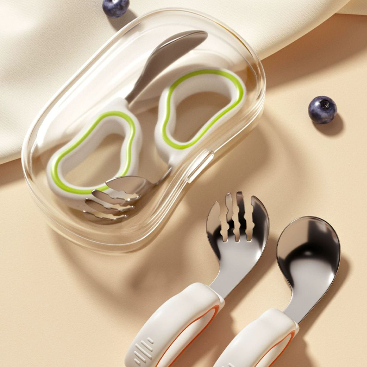 100% Food Grade Silicone Stainless Steel Baby Spoon Fork Set for Kid Feeding Training