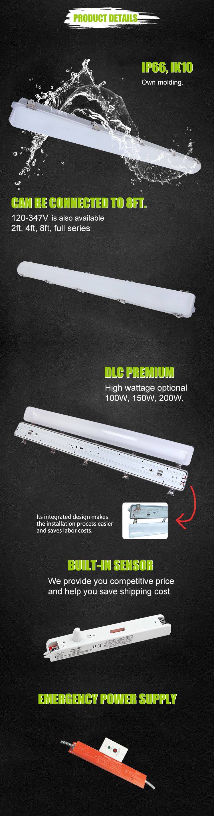 Dimmable Waterproof Dustproof Pressure Proof Vapour Proof LED Vapor Tight Tri-proof Linear Light fixture