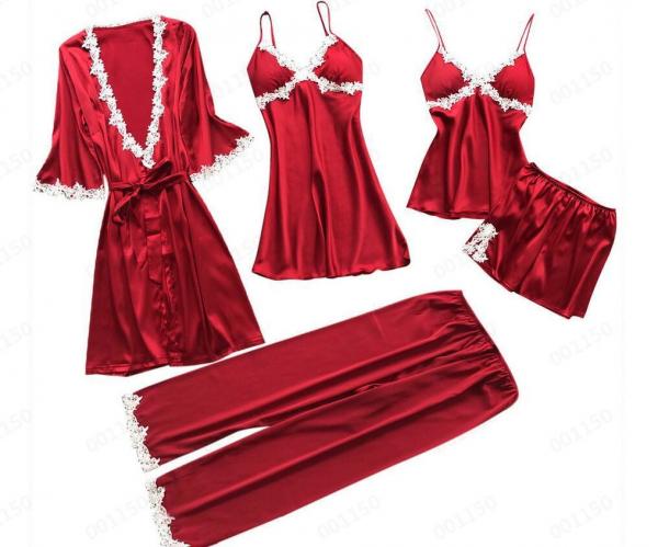 European and American sexy five-piece pajamas female summer sleeves bride morning robe plus size home service nightgown