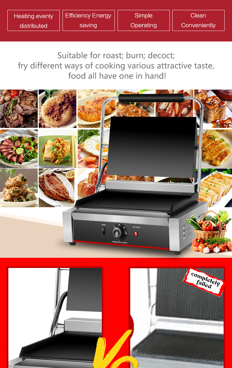 220V All Flat Electric Grill Machine with Heating Element Parts Sandwich Contact Grill 19kg