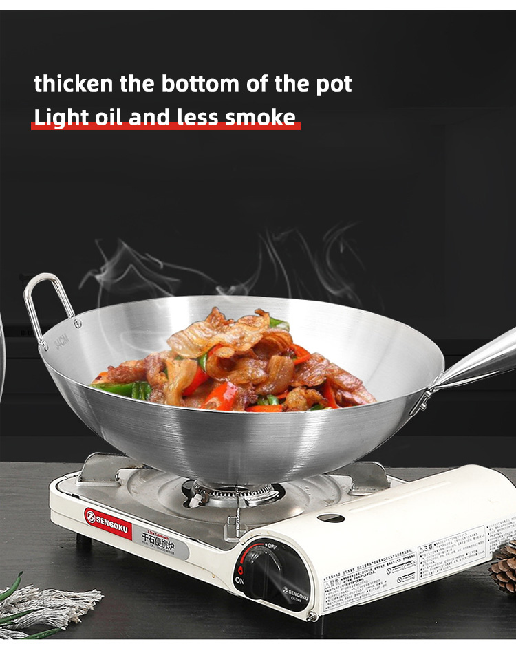 Restaurant Hotel Steel Kitchen Wok Pan With Wooden Handle Stainless Steel 201 Wok
