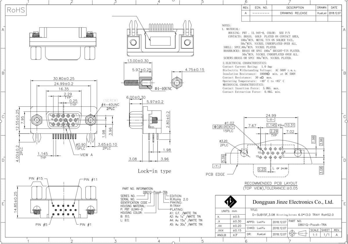 VGA HD15 Female D-SUB Connectors Slim 3 Rows For PCB 90 Degree 1.0AMP