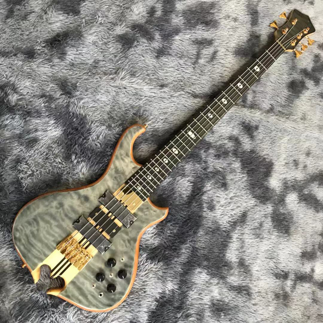 Custom Grand Neck Through Body Flamed Maple Top 5 Strings Bass Guitar Alem Cut Bottom Side LEDs