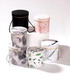 Green Leaf Veins Marbling Round Flower Gift Box Cylinder Rose Box With Handle