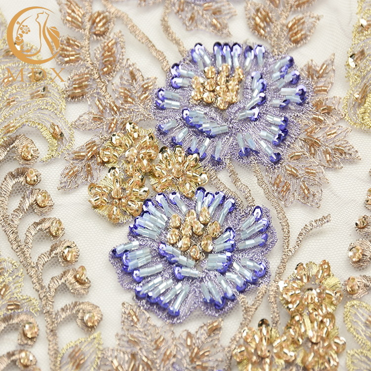 Customized Beaded Lace Fabric 80% Nylon Handmade Embroidered