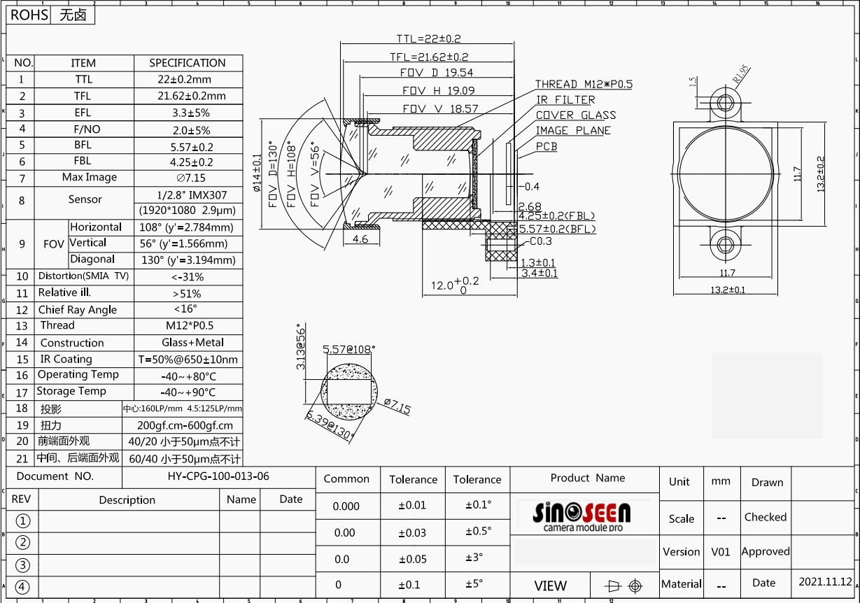 M12 Mounted Camera Module Lens 1/2.8 Inch M12x0.5 Lens F2.0 Suitable For IMX307