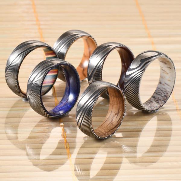 Sample Making 8mm Dome Latest Damascus Steel Ring With Blue Purple Wood Sleeve Inlay Wedding Engagement Men's Gift Party