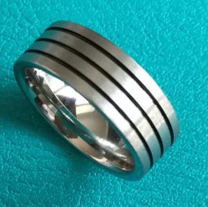 China 8mm Flat Cobalt Chrome Satin Brush Finish Wedding Band Ring w/ 3 Black Lines wholesale