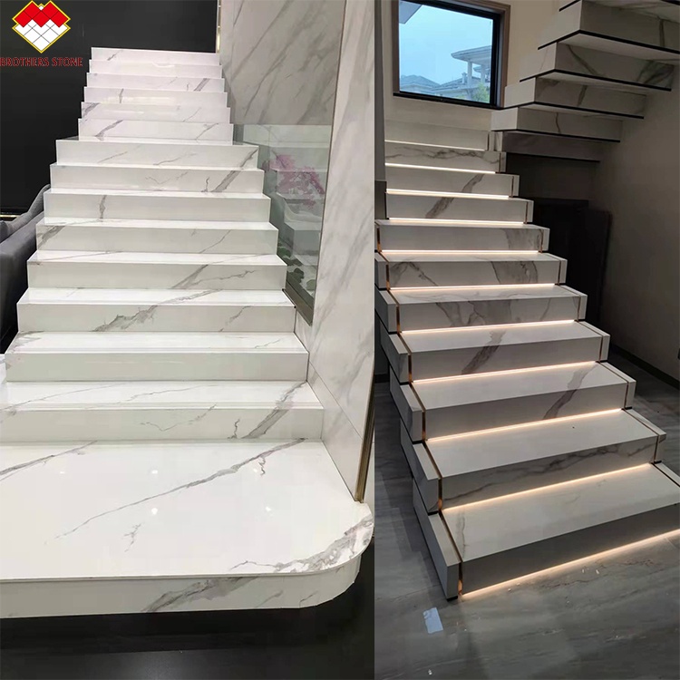 Customized Polished or Matte Calacatta White Marble Look Porcelain Tile Stairs Mohs 6-7 Hardness