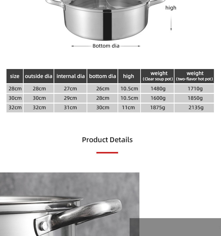 High Quality 18/8 Stainless Steel Pot Weldless Hot Pot Two-flavor Soup Pot Induction Cookware With Glass Lid