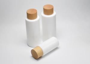 China BG-194Q-J, 40, 100, 120ml opaque white glass lotion bottle with wooden screw cap, luxury glass cosmeceutical packaging wholesale