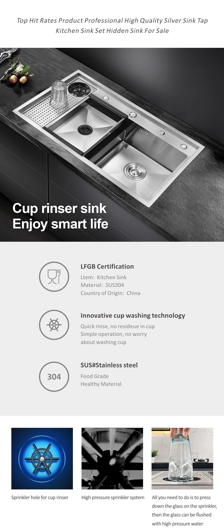 Black PCD Cup Rinser Sink Stainless Steel Handmade 16 Gauge Single Bowl 50x40