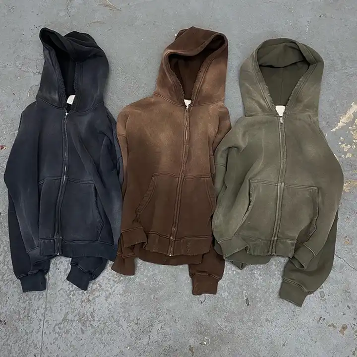 Solid Acid Wash Sun Faded Distressed Custom Full Zip Up Hoodies Coat with Fur Collar