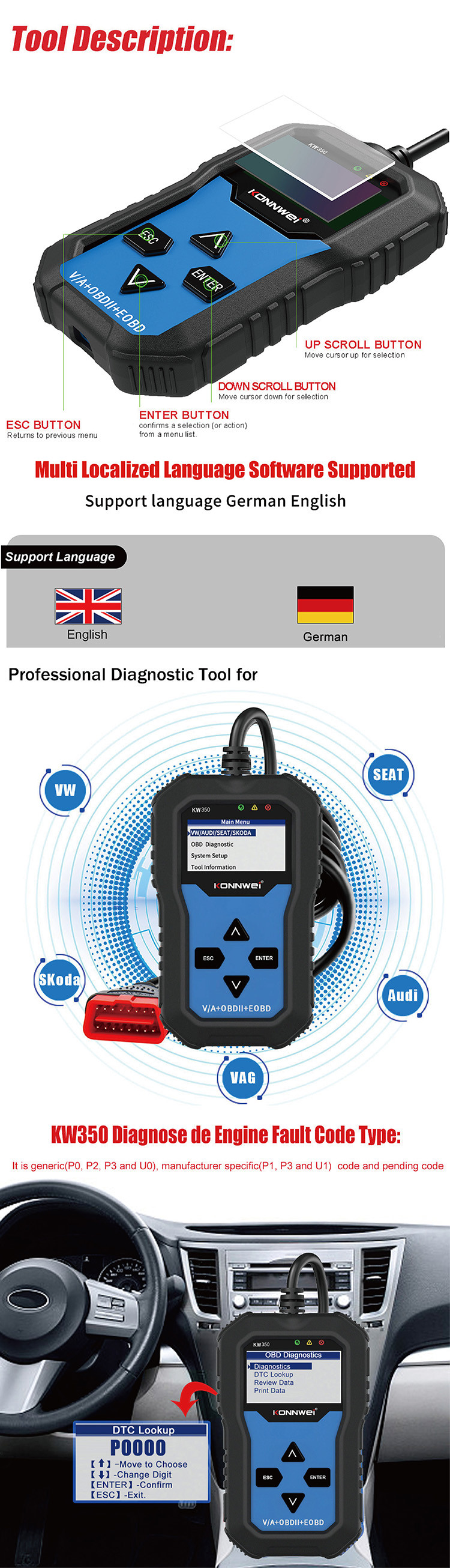 KW350 Konnwei Car Diagnostic Scanner For Engine Auto Air Condition HVAC Center Lock