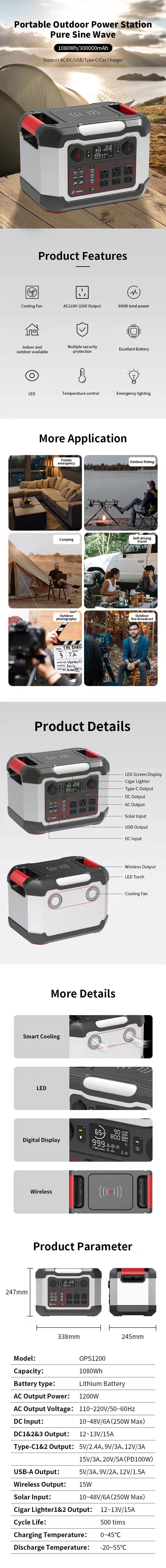 1200W Portable Generator Power Bank 110V-220V Wireless Charger Camping