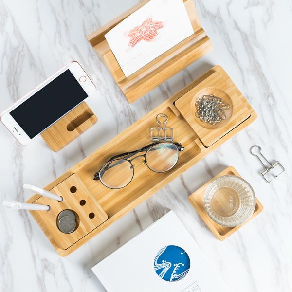 Sustainable Bamboo Desk Organizer Set With Smartphone Stand Pens And Paper Clips Holder