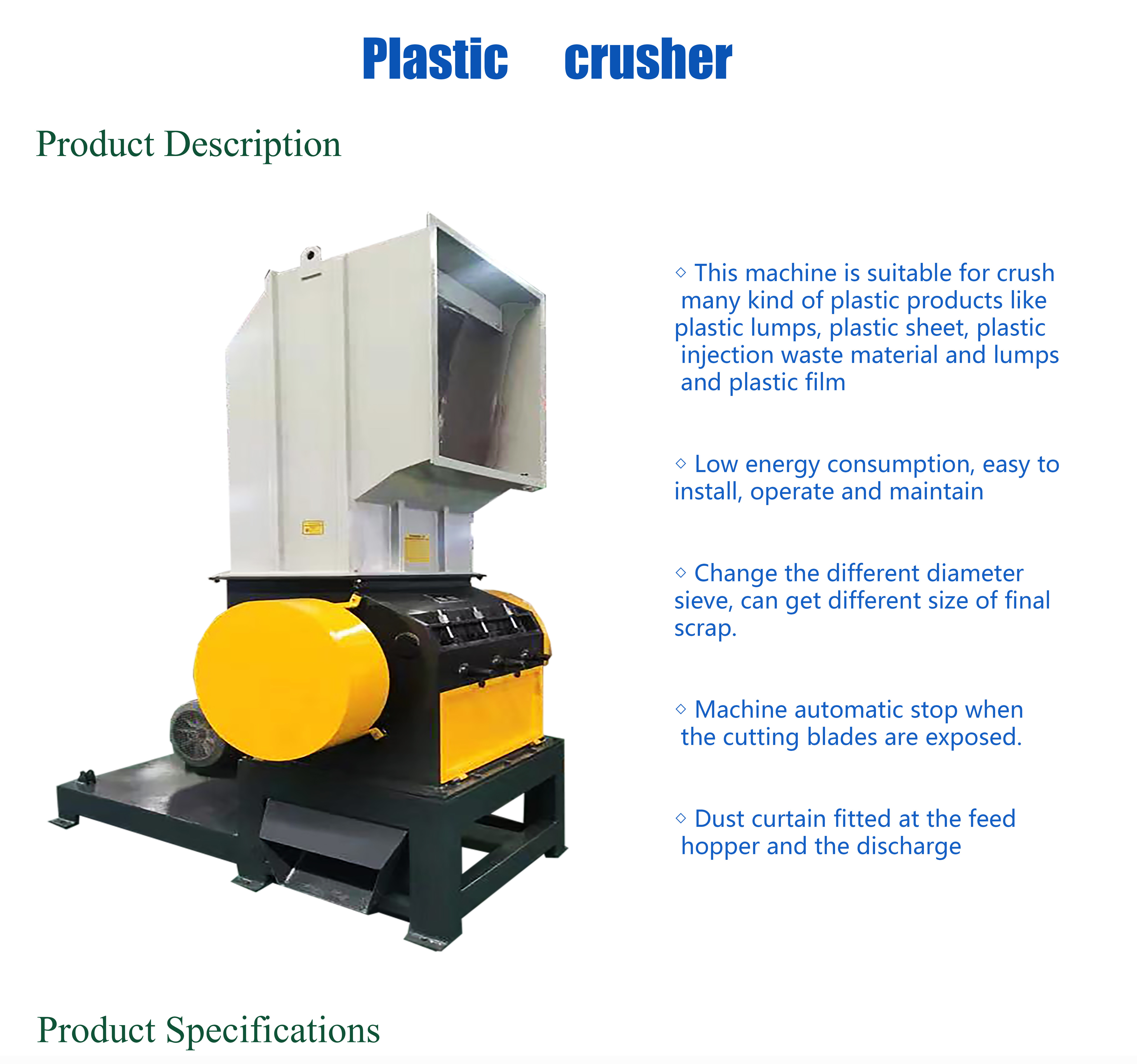 400kg Plastic Crusher Machine With High Capacity 200-300kg/H And 2.2KW Power