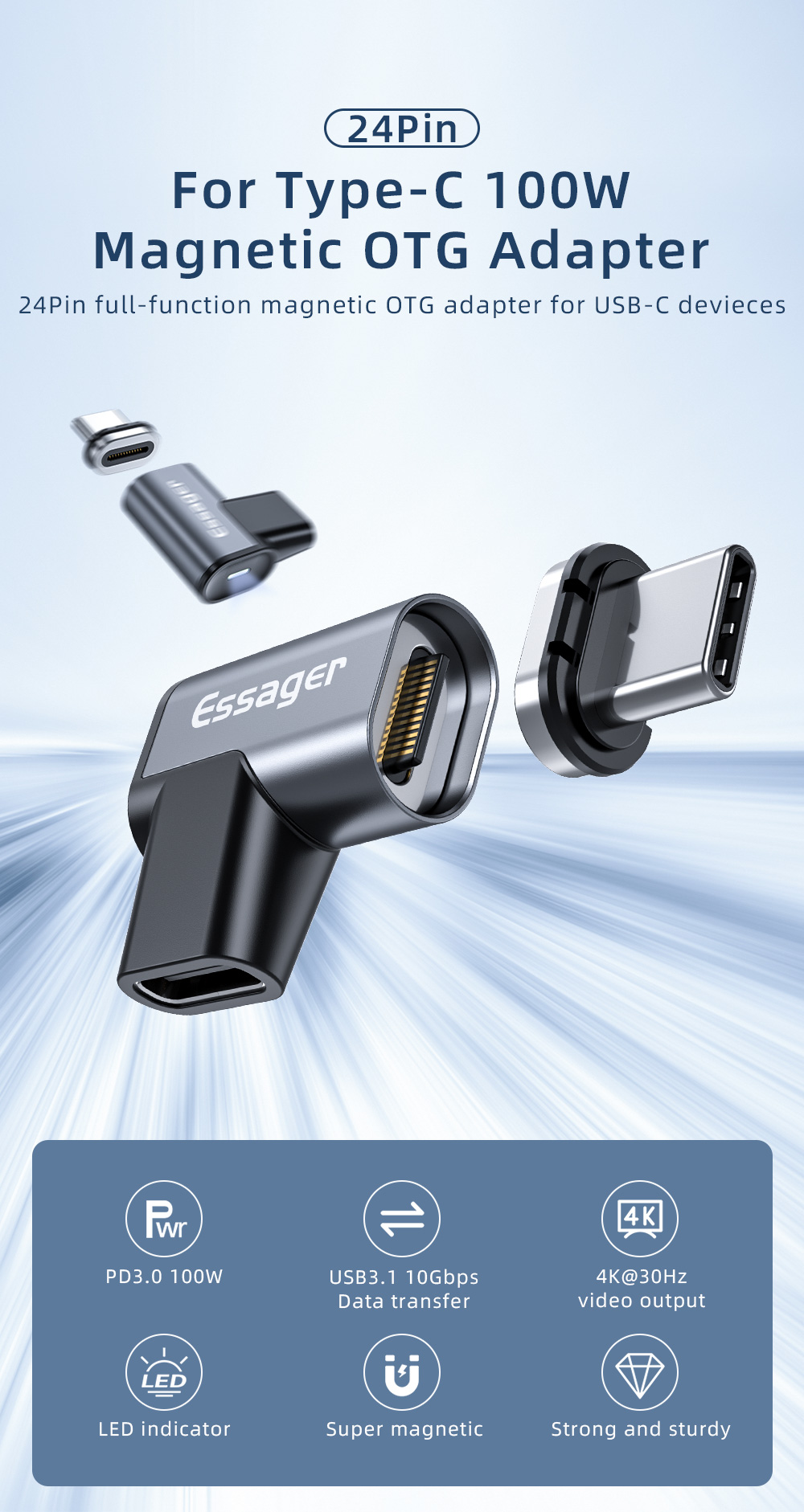 Essager 2021 7-Turn Magnetic 24 Pin Type C OTG USB 3.0 Adapter Support 100W Fast Charge USB 3.1 Data Transfer OTG USB Adapter