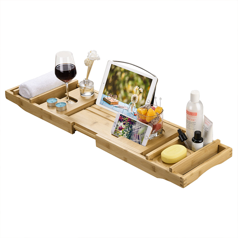ODM Expandable Bath Caddy Bamboo Wood Bath Tub Tray Eco Friendly