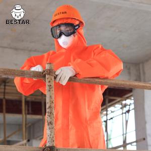 China Red Disposable Biohazard Suit Non Woven Fabric Coverall With Hood wholesale