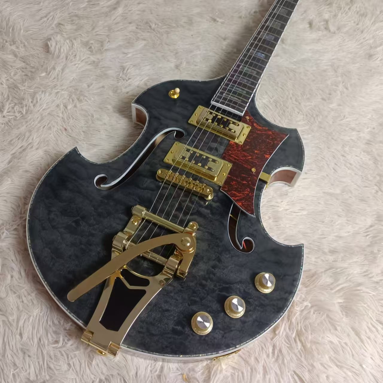 Custom f hole hollow body irregular body Gretsch style electric guitar with bigs bys trem in transparent black, accept guitar and bass OEM