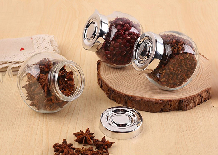 Clear Flat Drum Shape Empty Glass Jars Food Storage For Candy / Spices
