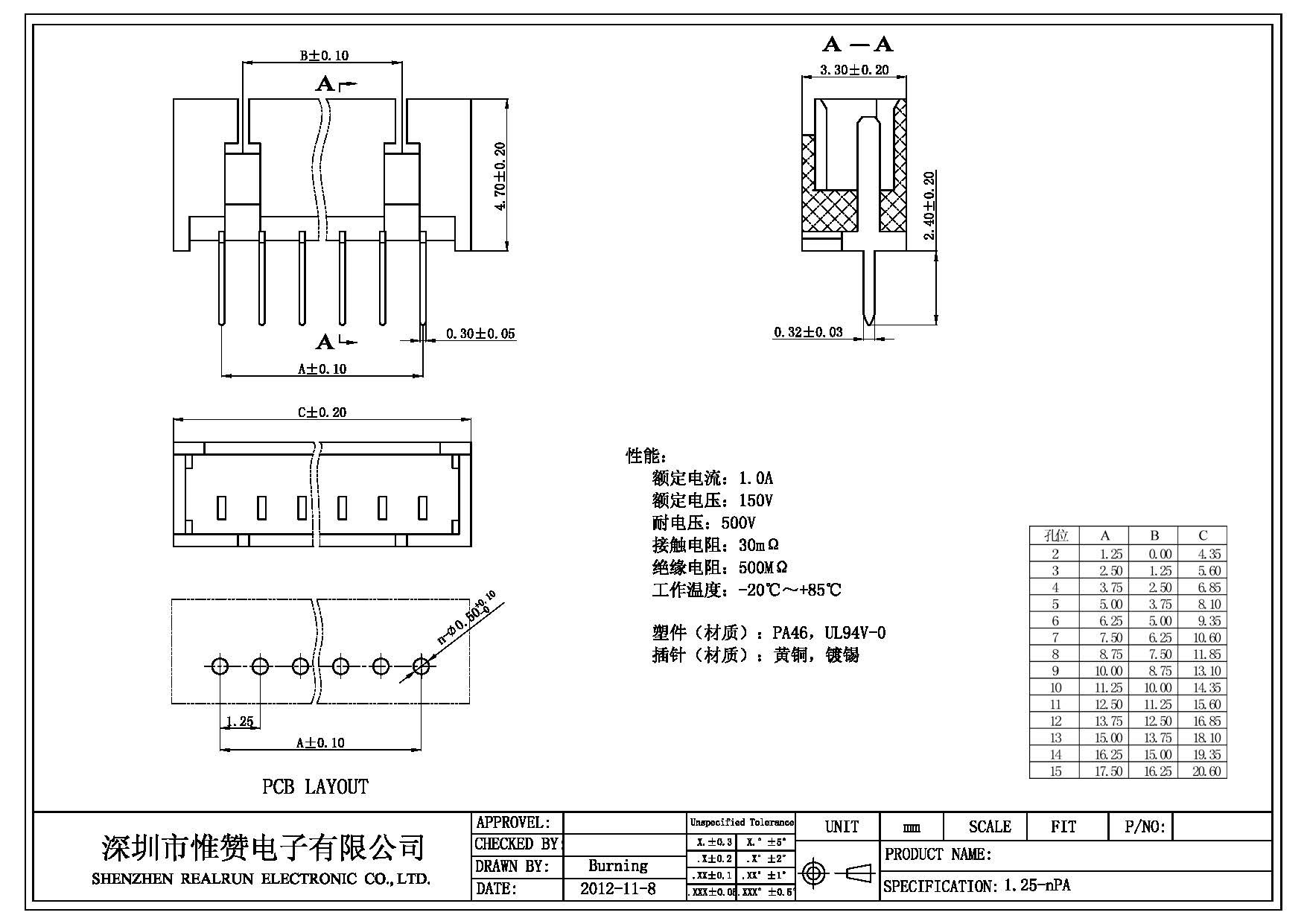 Straight Wire Housing Connector PA66 12 Pin Female Header 1.25mm Pitch