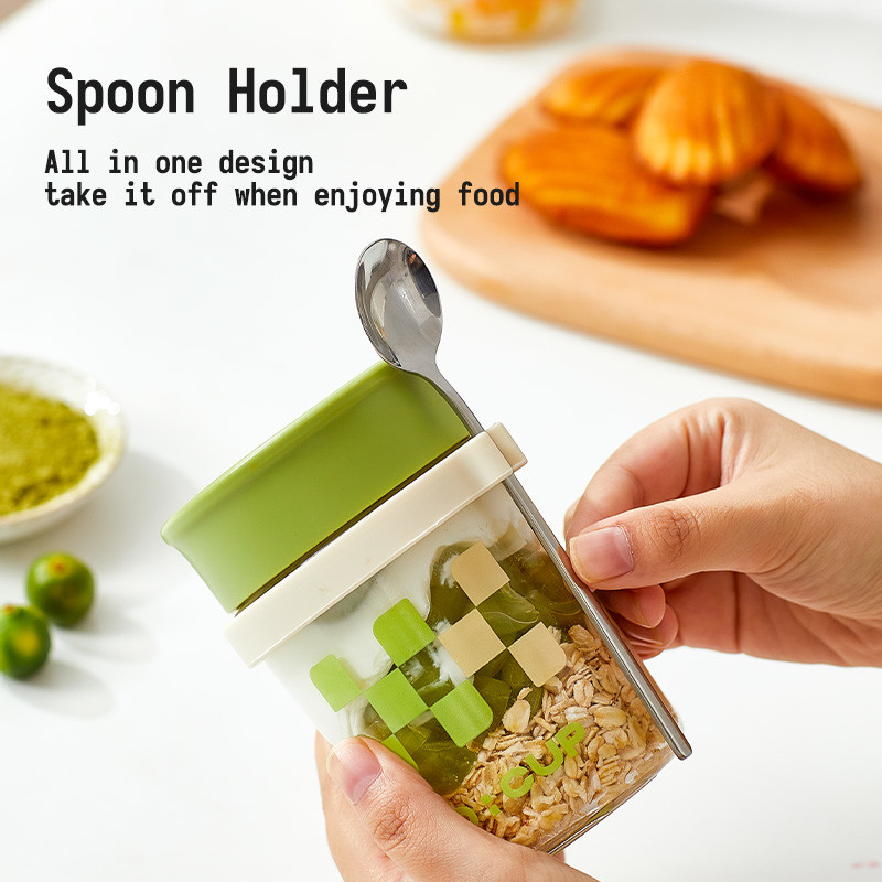 Versatile Long Spoon Reusable Overnight Oats Jar Leak Proof Wide Mouth