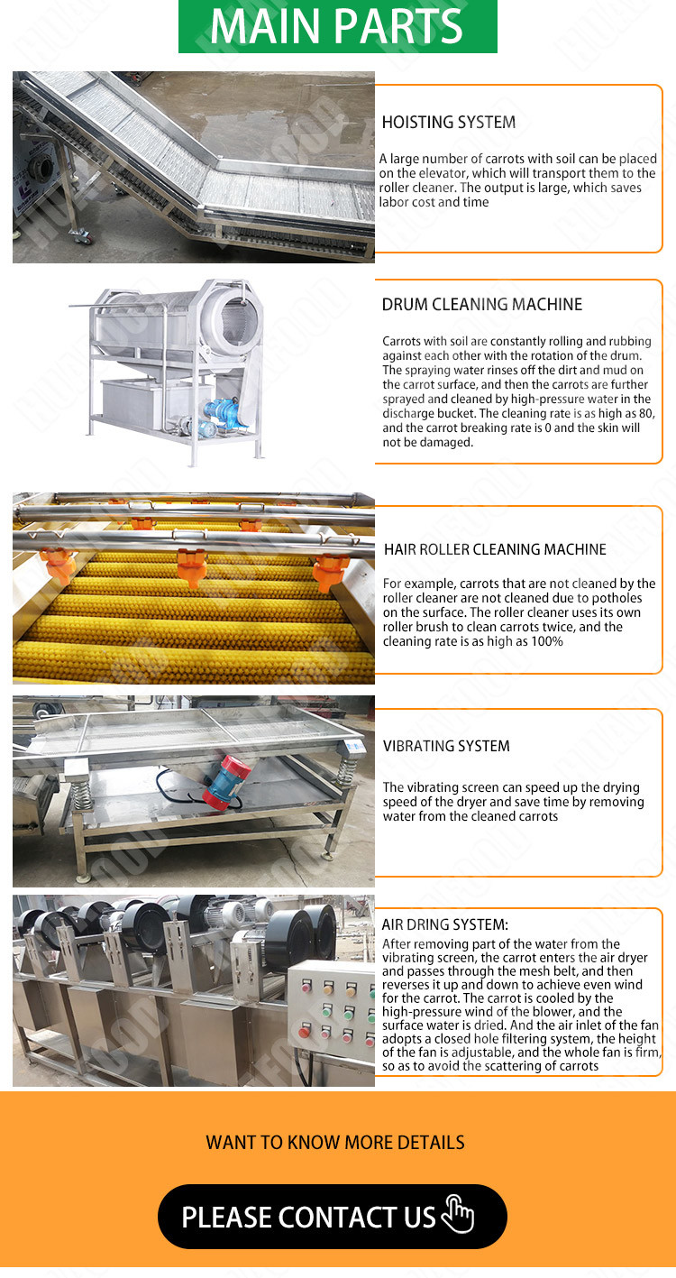 High Efficiency Potato Processing Machinery Brush Type Carrot Cleaning Machine