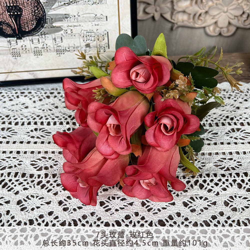 Simulated 7-head artificial fake silk bouquet with high-end feeling for weddings, decorative flower arrangement in living rooms, plastic roses