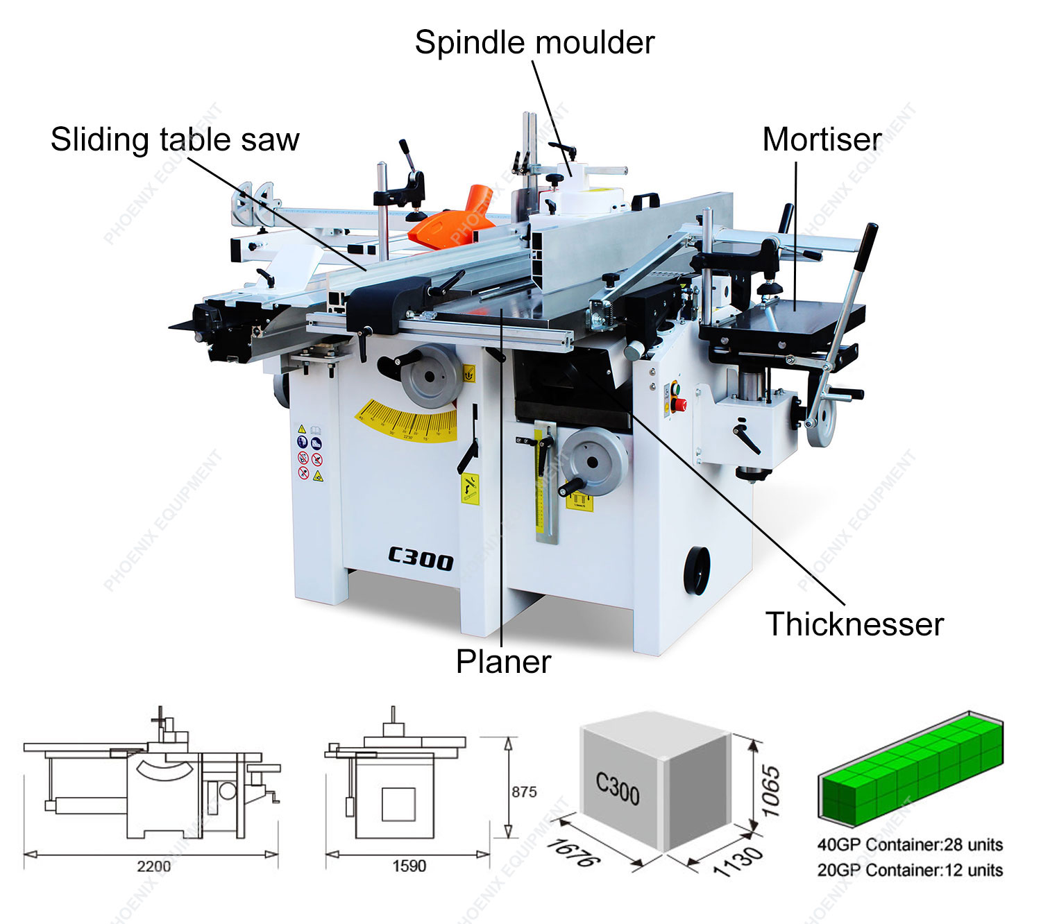 0-2kW 5 in 1 Combined Sliding Panel Saw Spindle Moulder Table Woodworking Planer Machine