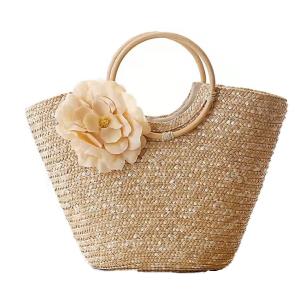 China Natural Straw Crochet Hand Bag Brown , Crochet Bag With Wooden Handles OEM wholesale