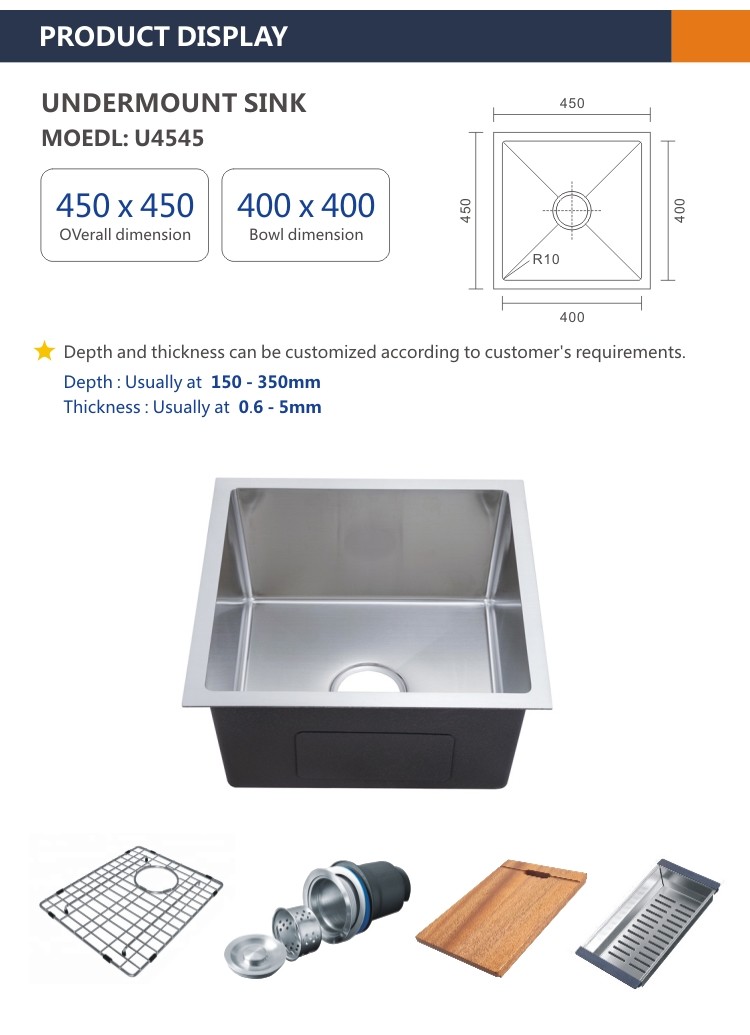 Brushed 30 Inch Single Bowl Kitchen Sink , 45x45 Rectangular Undermount Sink 16 Gauge
