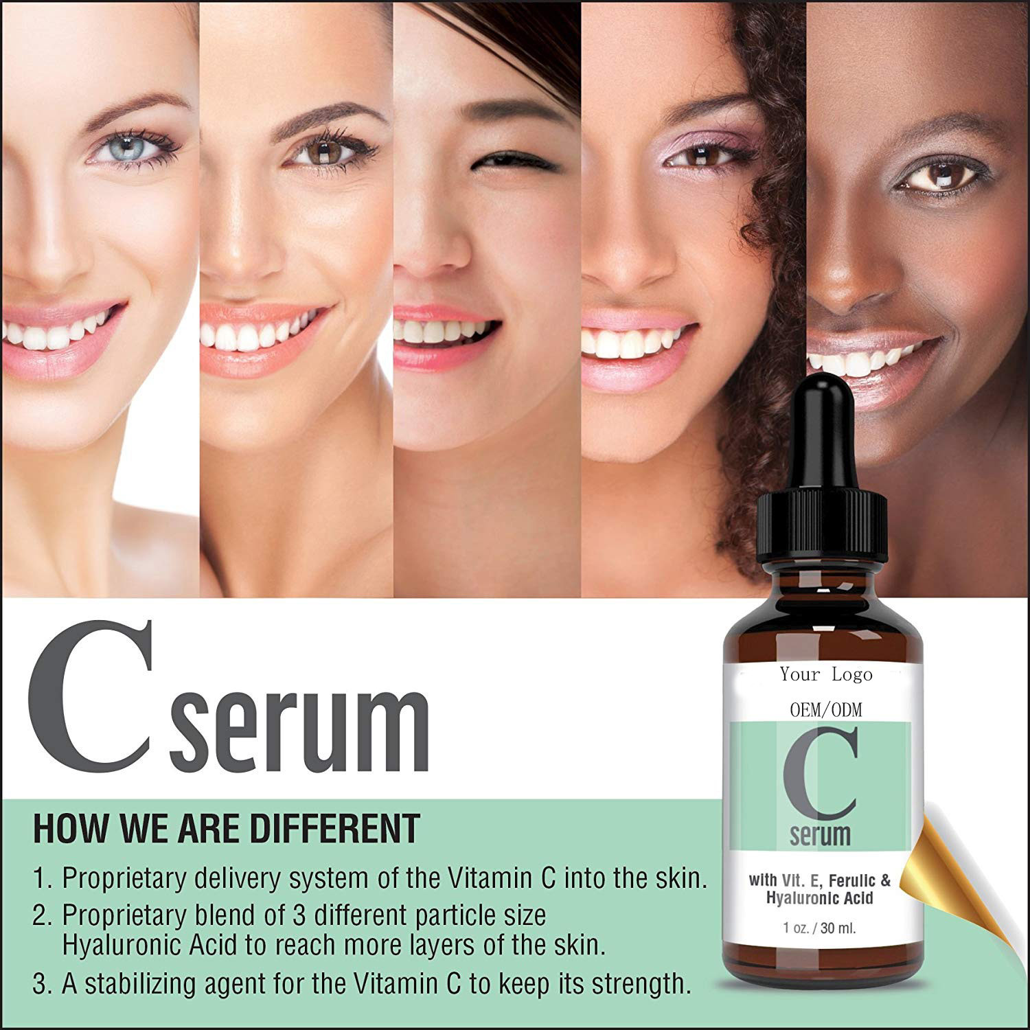OEM Organic Facial Serum Vitamin C 20% Pure L-Ascorbic Acid Vitamin E And Hyaluronic Acid