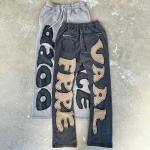 Custom Heavyweight Cotton Distressed Embroidery Patchwork Flared Sweatpants