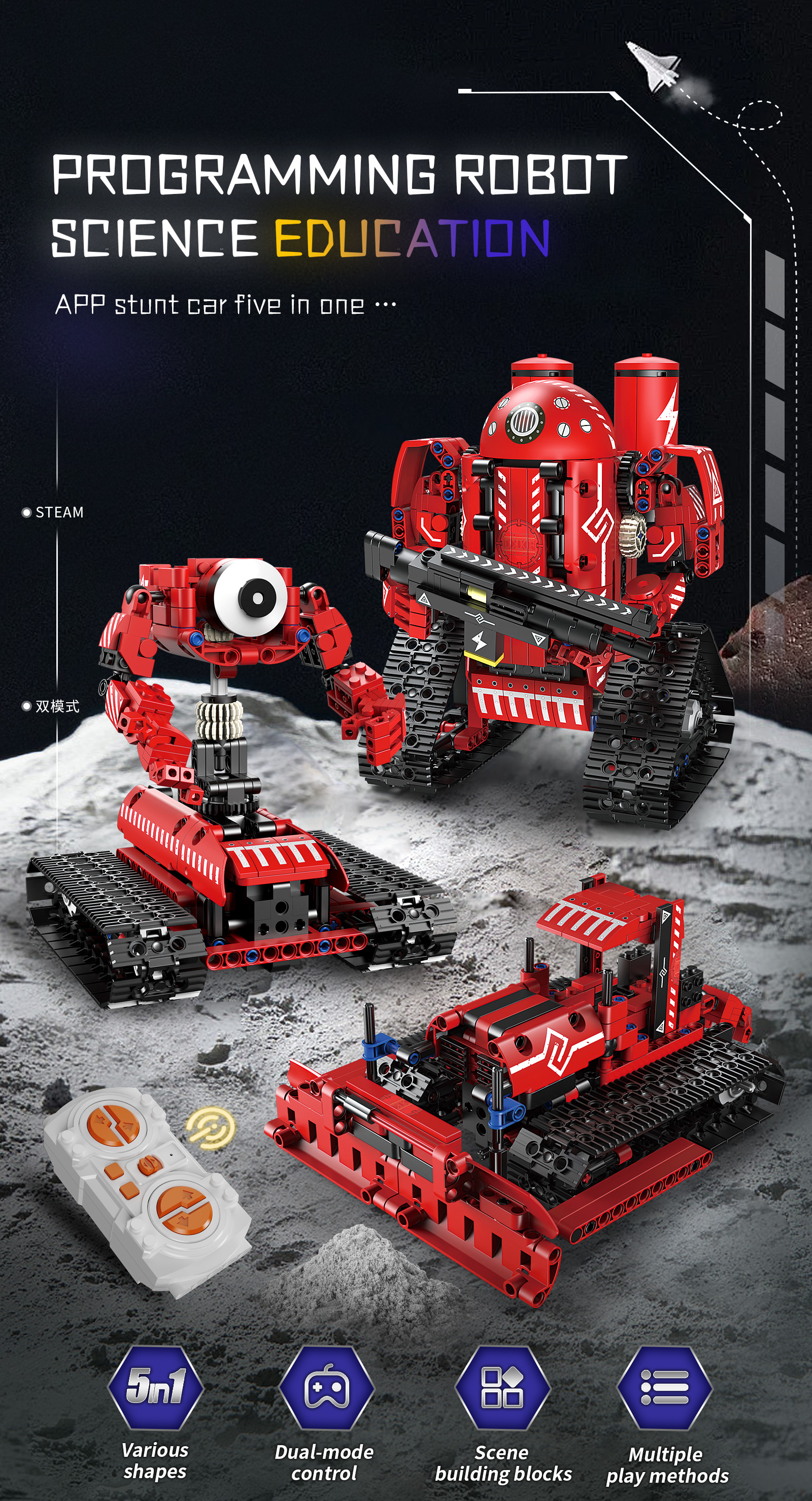 Indoor-Outdoor Electric Toy 5-in-1 Stunt Robot for Educational Building Block Gameplay