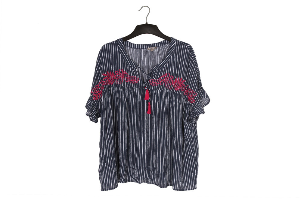 100% Rayon Ladies Striped Printing Blouse Big Embroidery Striped Womens Top