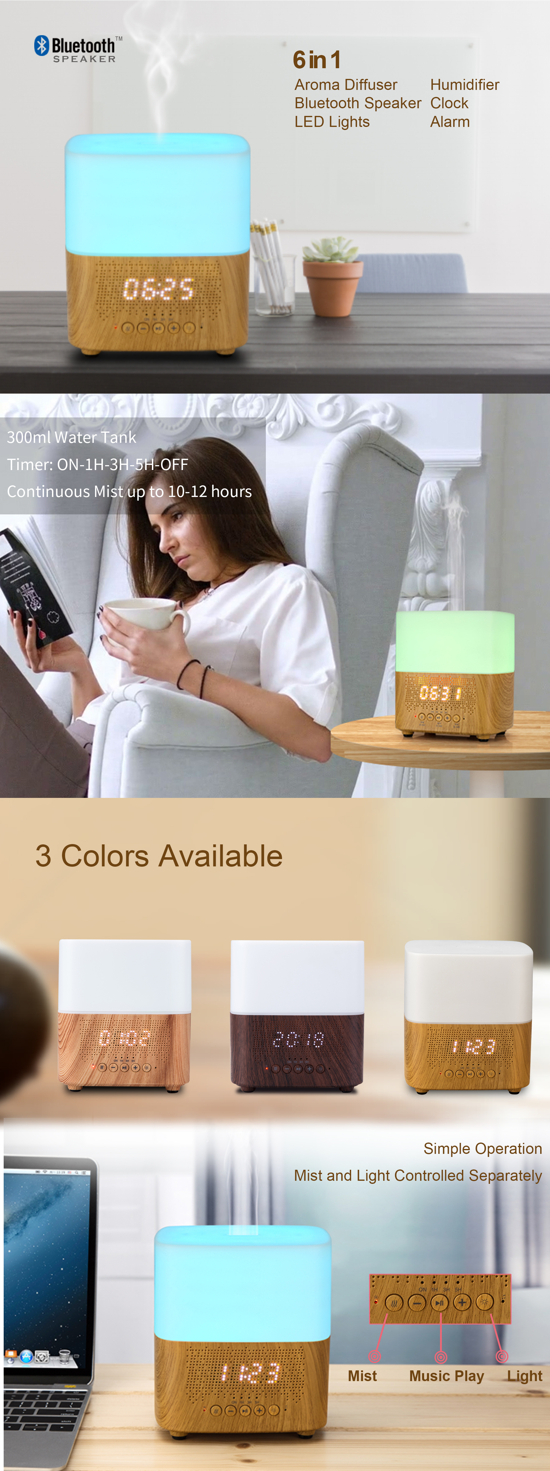 Ultrasonic Bluetooth Speaker Aroma Diffuser Alarm Clock