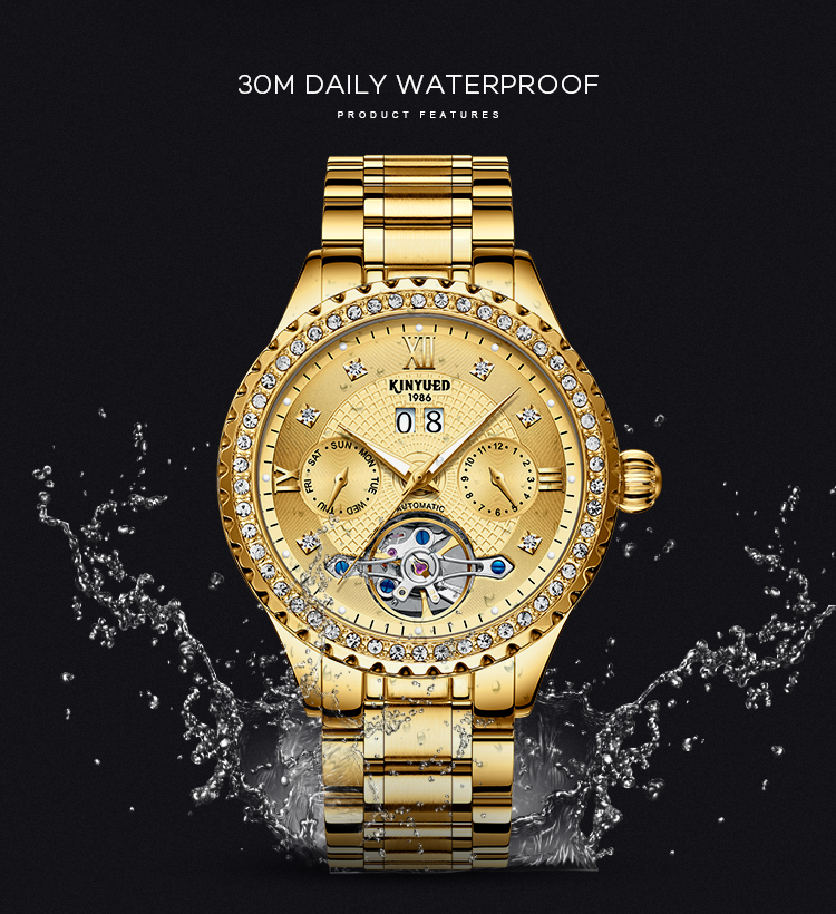 KINYUED Luxury Brand Watches Chronograph Men Sports Stainless Steel Waterproof Mechanical Watch