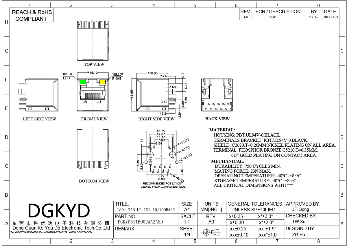 RJ45 Vertical Interface 180 Degree Network Connector 100MB Transformer DGKYD511B002AA2A8D