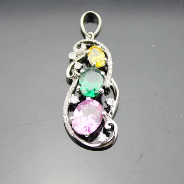 925 Silver Jewelry Oval Mix Blue Red Cubic Zircon Three Stones Pendant Necklace (PSJ0378)