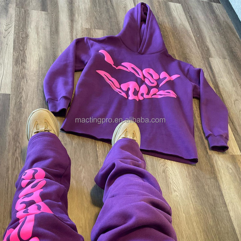Cricket Cotton Tracksuit Custom Men'S Hoodie Set Puff Print Stacked Flared Pants