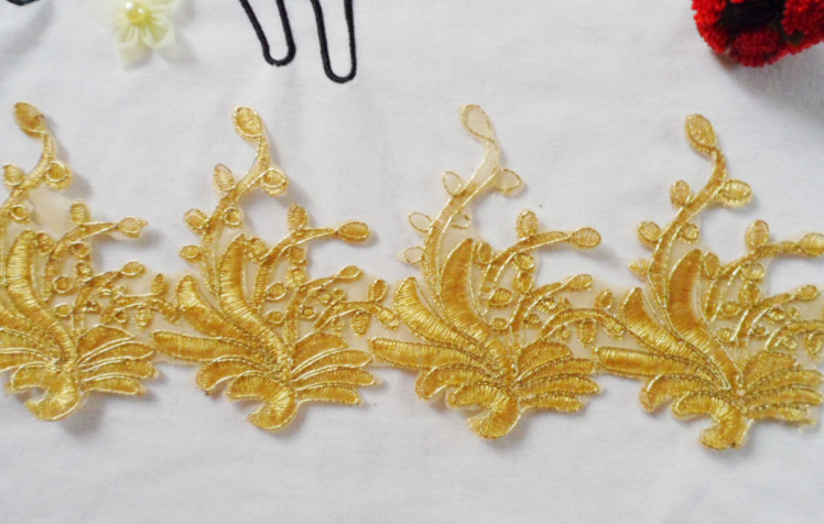 Gold Wire Embrodery Lace Edge with Cord Embroidery Sliver Lace Trim
