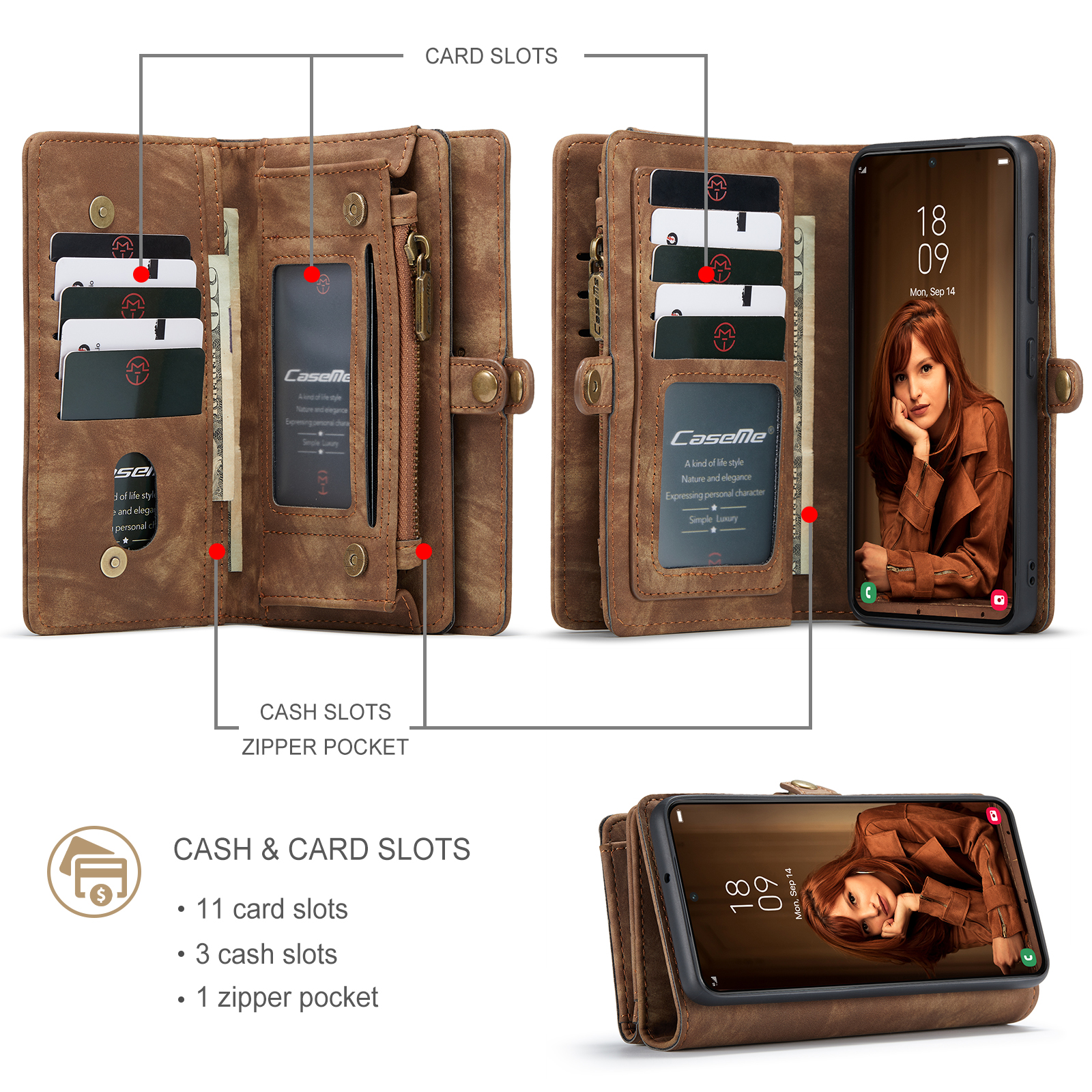 Luxurious Leather Zipper Magnetic Wallet Card Mobile Phone Case Samsung S22 Plus