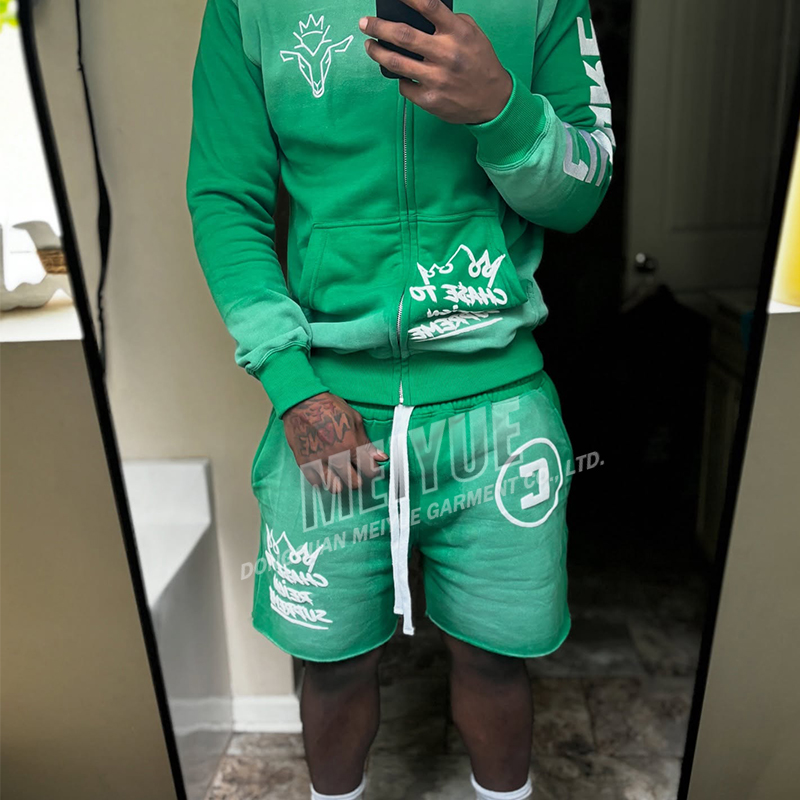 Custom Zip up Hoodie Acid Wash 3d Puff Printing Vintage Retro Washed Zipper Summer Hoodie and Short Set Men