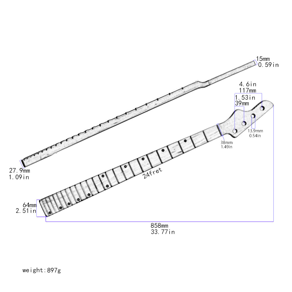 4 Strings 24 Frets Jass Bass Guitar Neck 33.77 Inch Rosewood Maple Wood Satin Finish