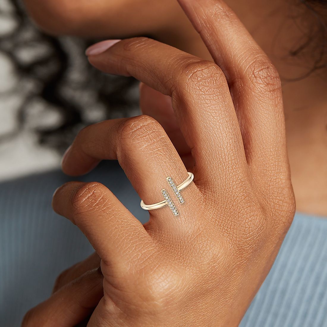 With 9k Yellow Gold Delicate Pavé Split Bar Diamond Engagement Ring