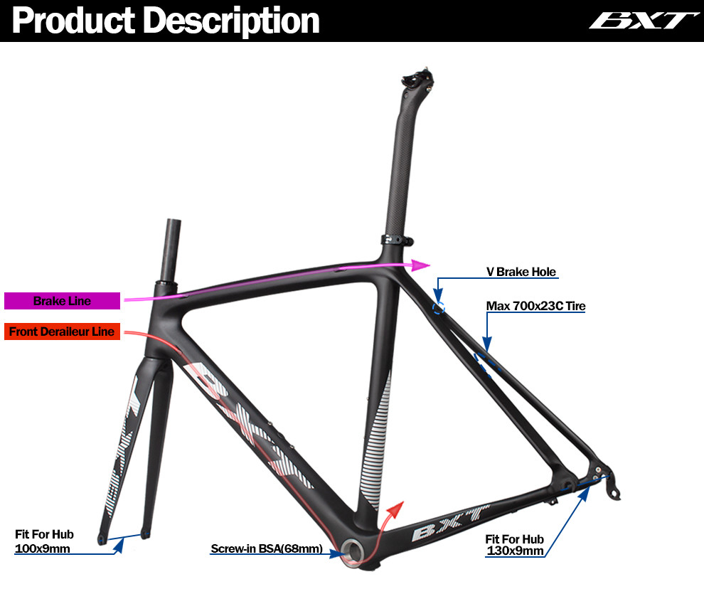 700C Rim Brake Bike Frame Full Carbon Fiber Racing Road Bike Frameset Max 23C Tire