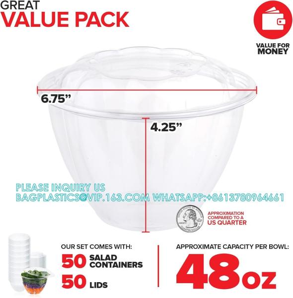 48 Oz. Disposable Salad Bowls - On-The-Go Salad Bowl - Plastic Salad Containers